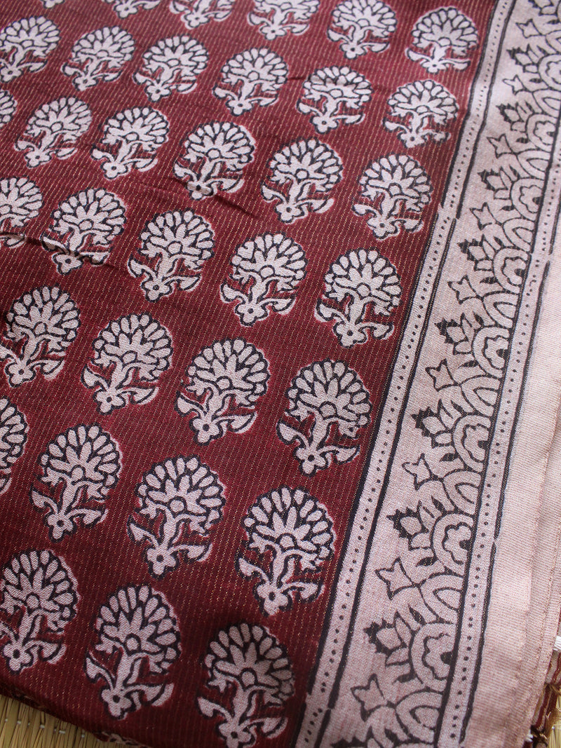 Maroon and Off-White Bagh Hand Block Printed Handloom Tissue Cotton Silk Dress Material