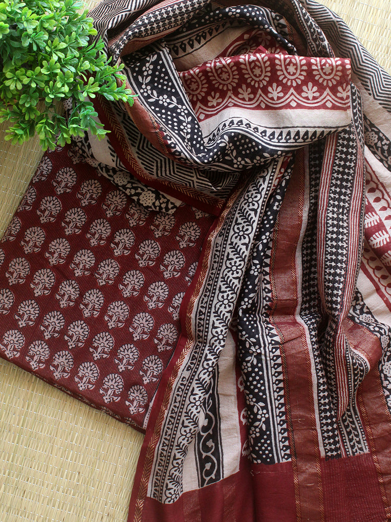 Maroon and Off-White Bagh Hand Block Printed Handloom Tissue Cotton Silk Dress Material