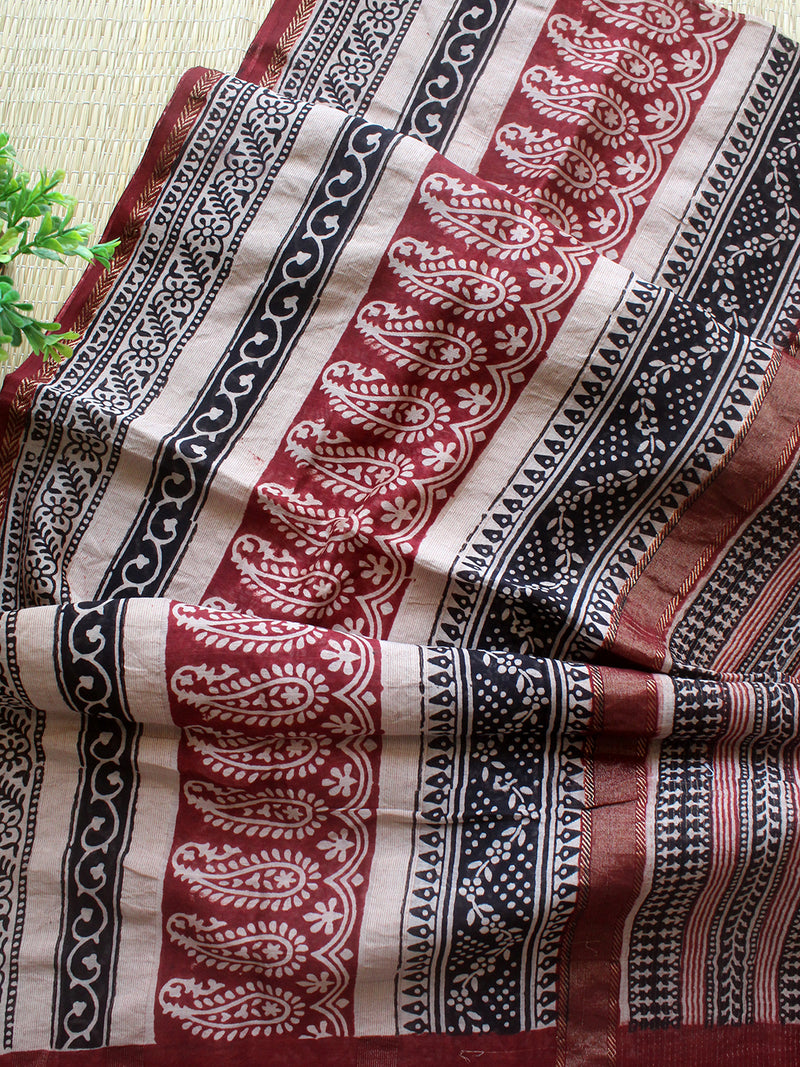 Maroon and Off-White Bagh Hand Block Printed Handloom Tissue Cotton Silk Dress Material