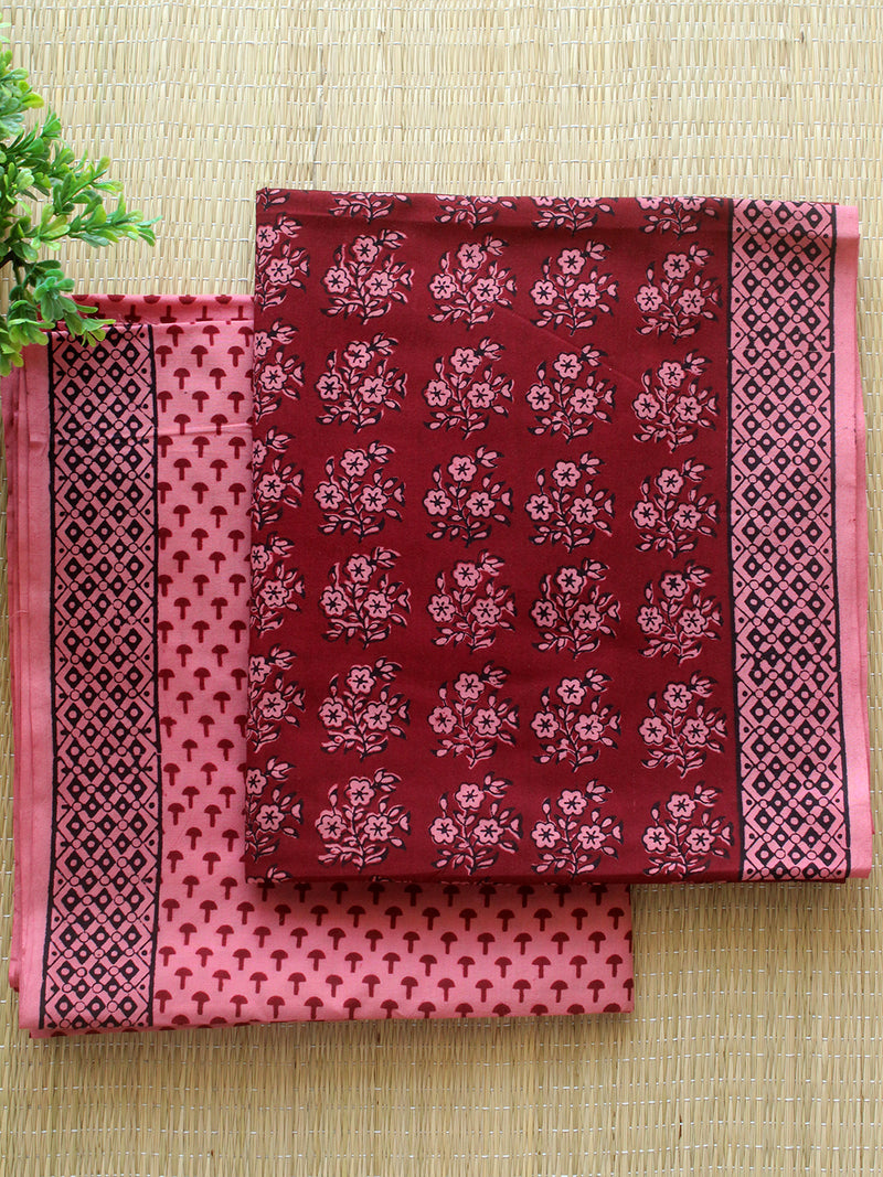 Maroon and Peach Bagh Hand Block Printed Pure Cotton Dress Material