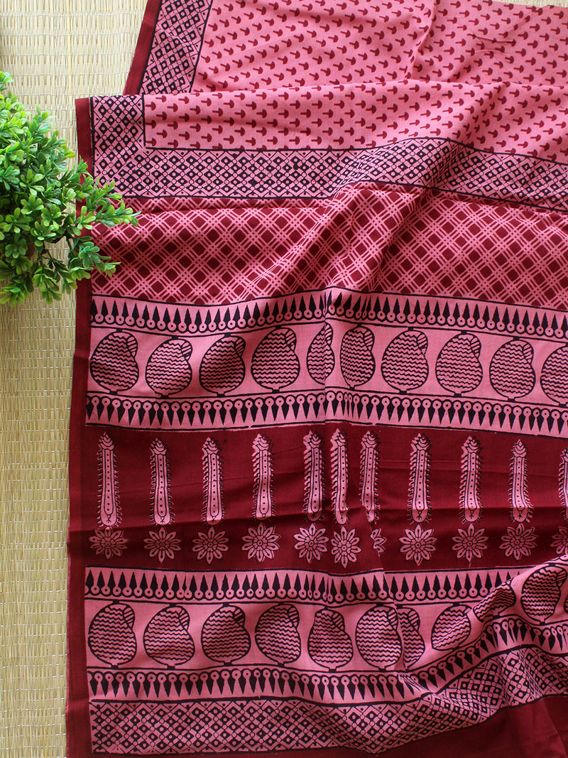 Maroon and Peach Bagh Hand Block Printed Pure Cotton Dress Material