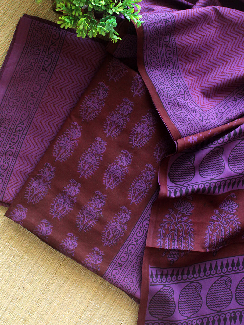 Maroon and Purple Bagh Hand Block Printed Pure Cotton Dress Material