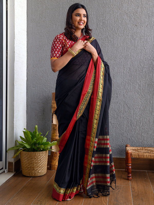 Black Narayanpet Mercerized Cotton Saree