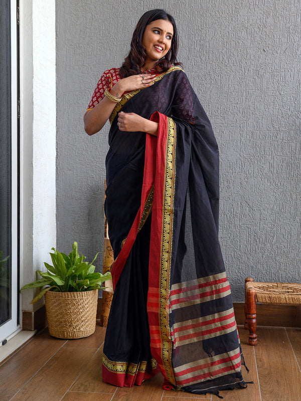 Black Narayanpet Mercerized Cotton Saree