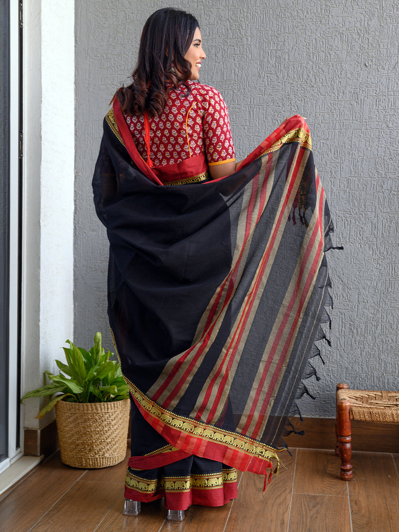 Black Narayanpet Mercerized Cotton Saree