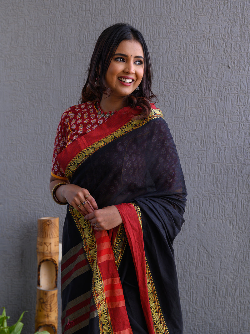 Black Narayanpet Mercerized Cotton Saree