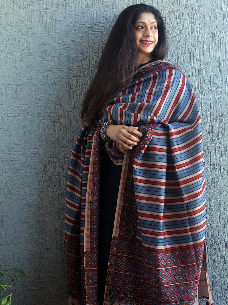 Ajrakh Hand Block Printed Chanderi Cotton Silk Dupatta