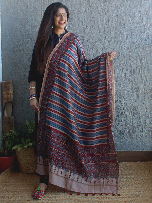 Ajrakh Hand Block Printed Chanderi Cotton Silk Dupatta