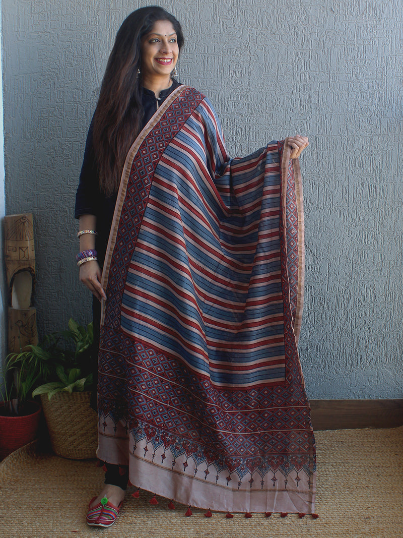 Ajrakh Hand Block Printed Chanderi Cotton Silk Dupatta