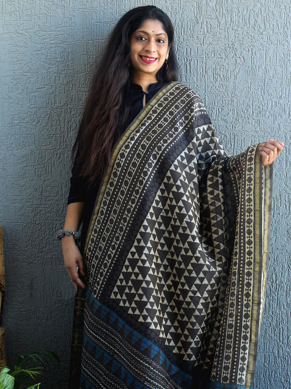 Ajrakh Hand Block Printed Chanderi Cotton Silk Dupatta