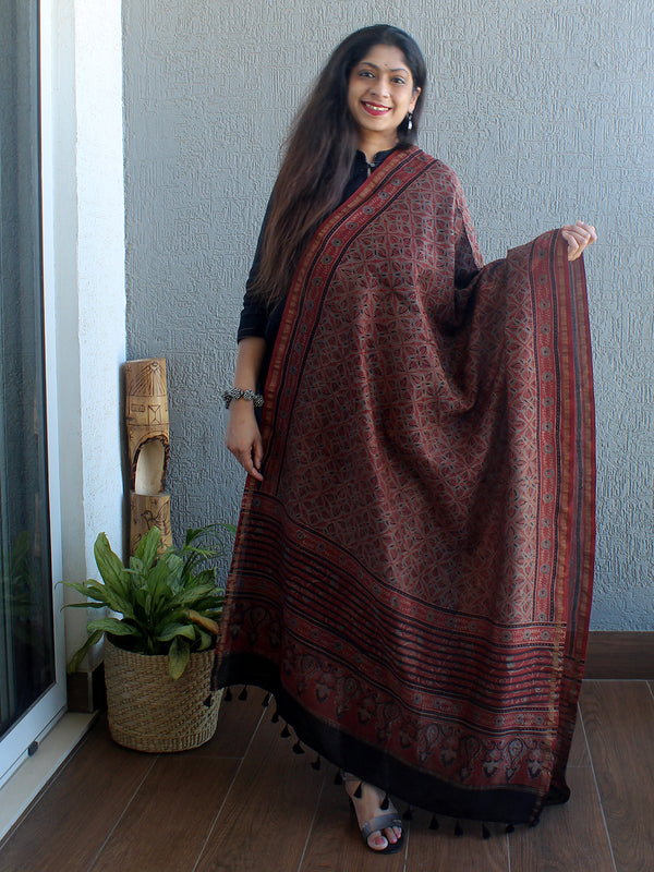 Ajrakh Hand Block Printed Chanderi Cotton Silk Dupatta