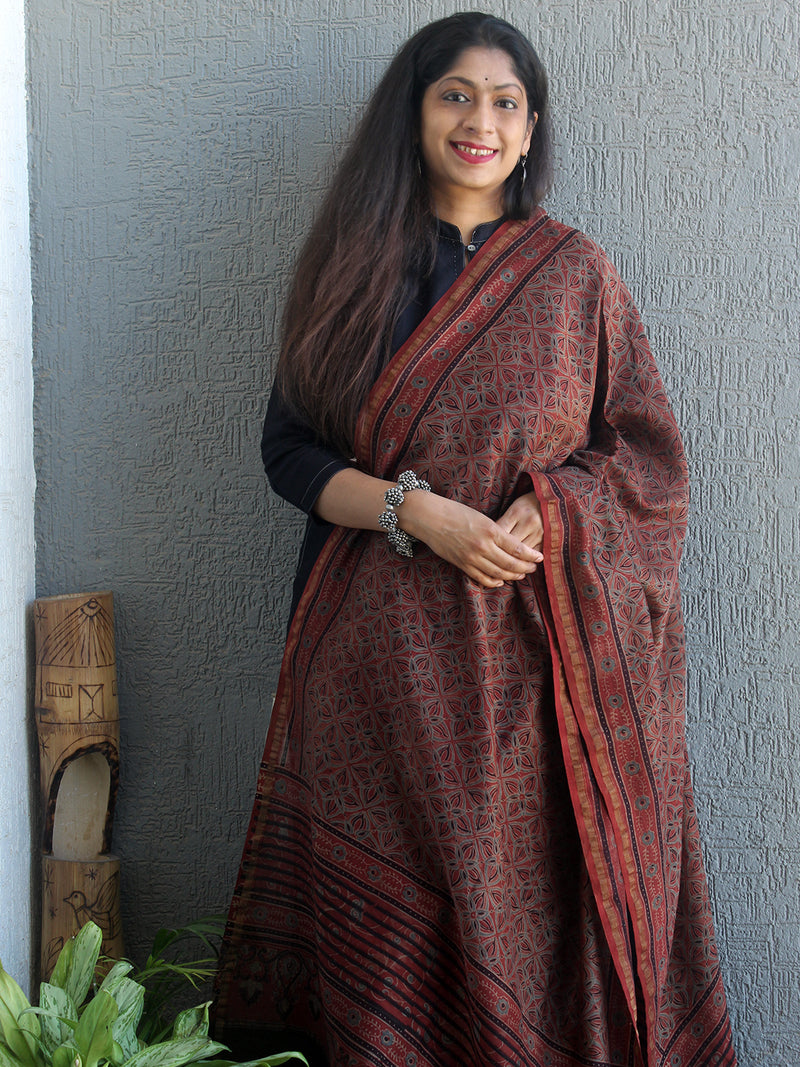 Ajrakh Hand Block Printed Chanderi Cotton Silk Dupatta