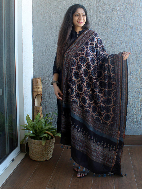 Ajrakh Hand Block Printed Chanderi Cotton Silk Dupatta