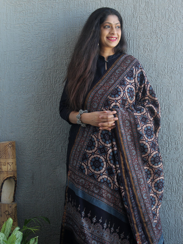 Ajrakh Hand Block Printed Chanderi Cotton Silk Dupatta