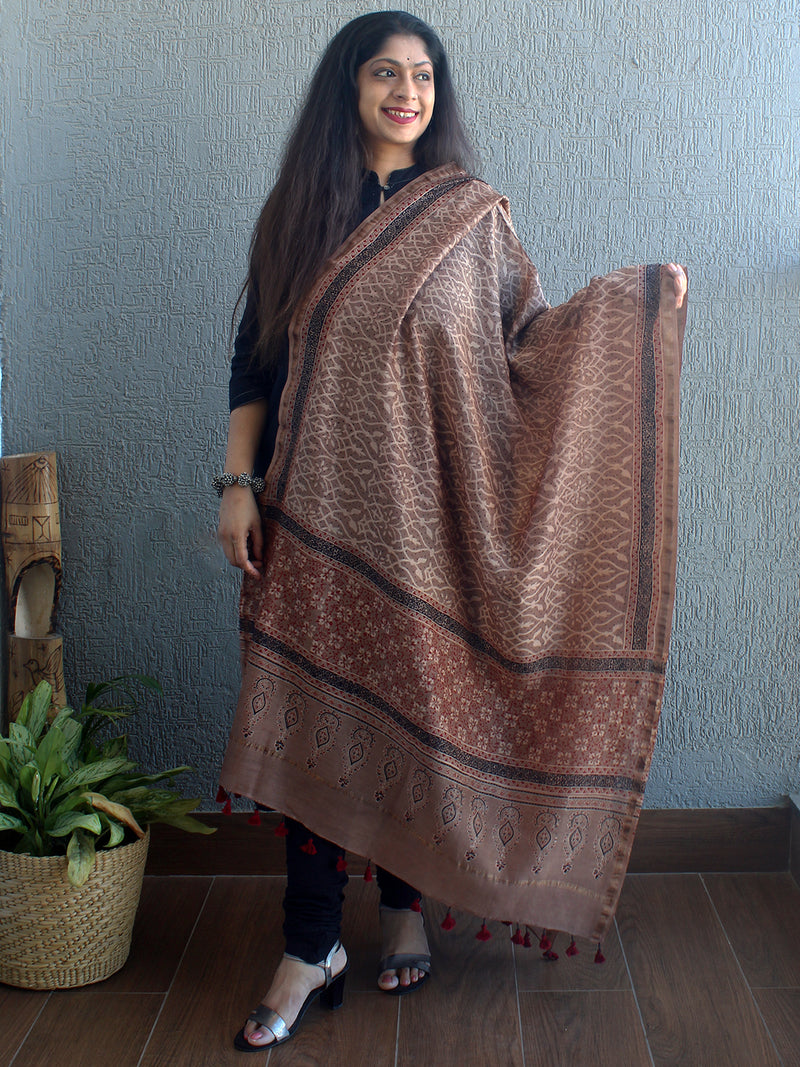 Ajrakh Hand Block Printed Chanderi Cotton Silk Dupatta