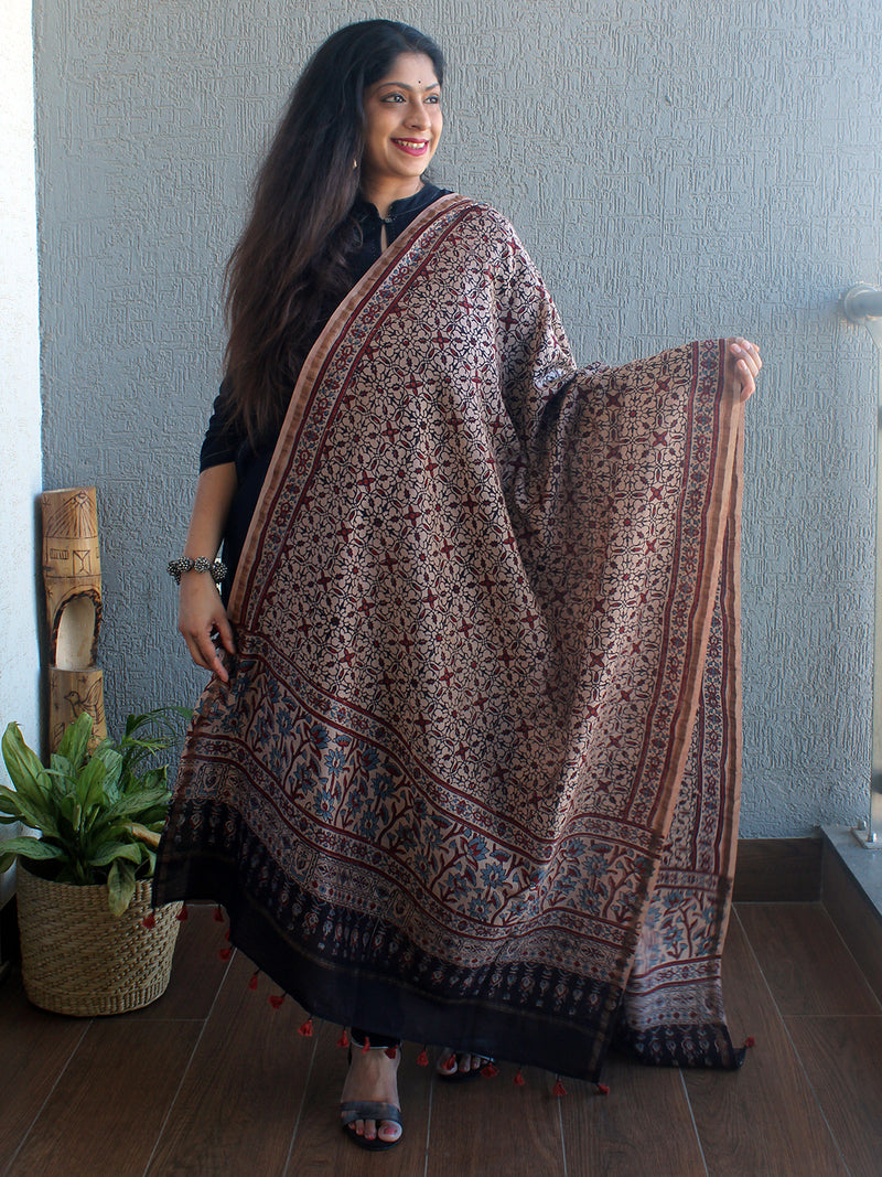 Ajrakh Hand Block Printed Chanderi Cotton Silk Dupatta