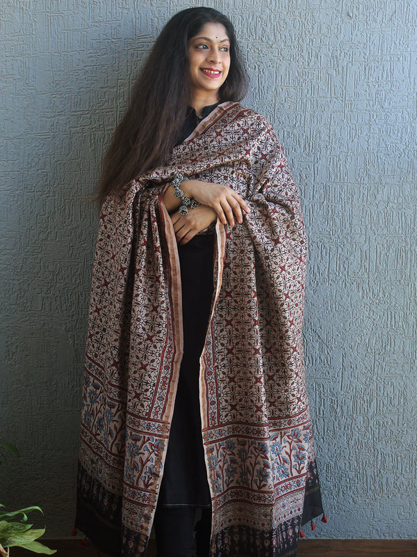 Ajrakh Hand Block Printed Chanderi Cotton Silk Dupatta