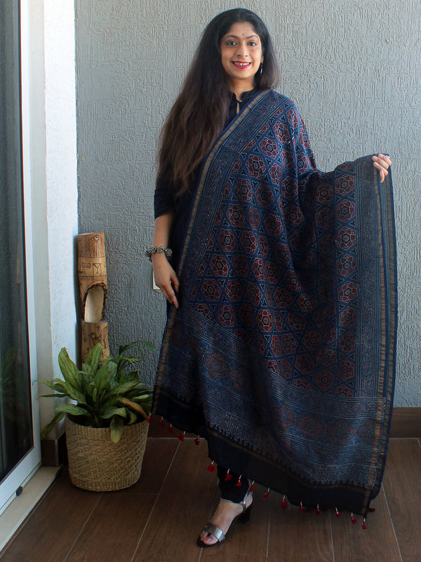 Ajrakh Hand Block Printed Chanderi Cotton Silk Dupatta