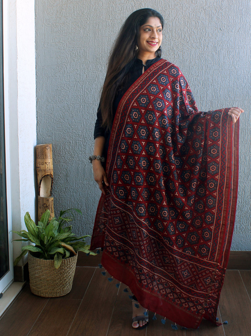 Ajrakh Hand Block Printed Chanderi Cotton Silk Dupatta