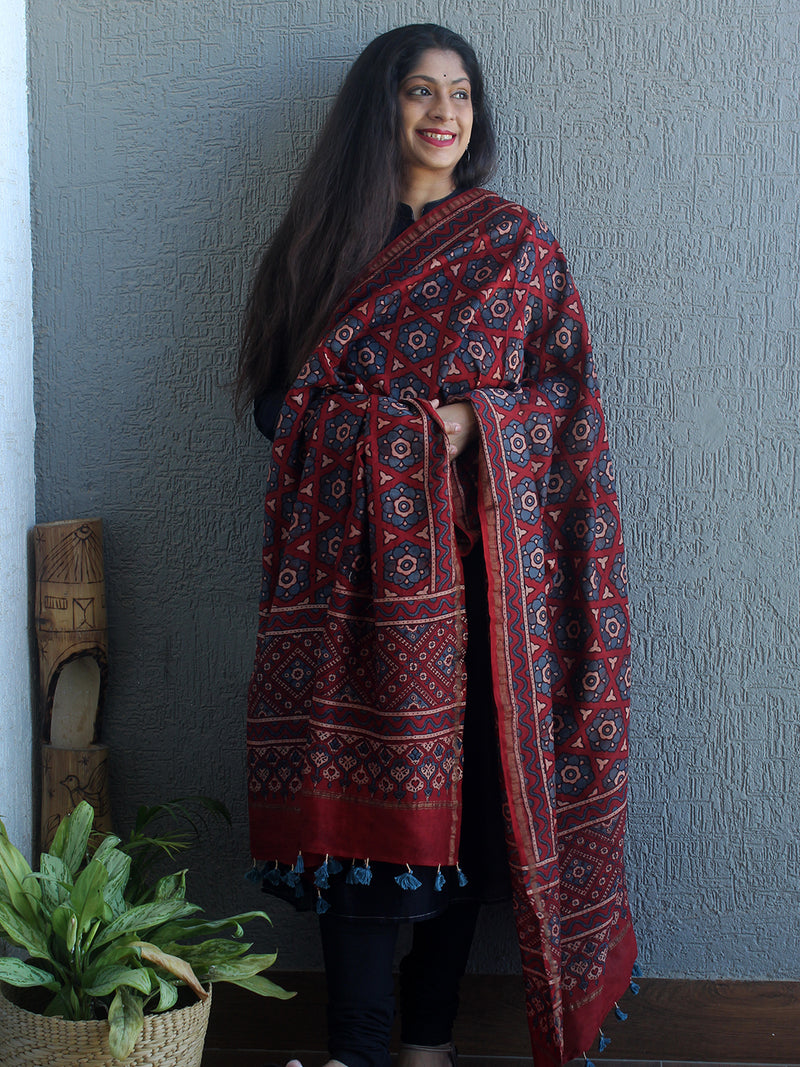 Ajrakh Hand Block Printed Chanderi Cotton Silk Dupatta