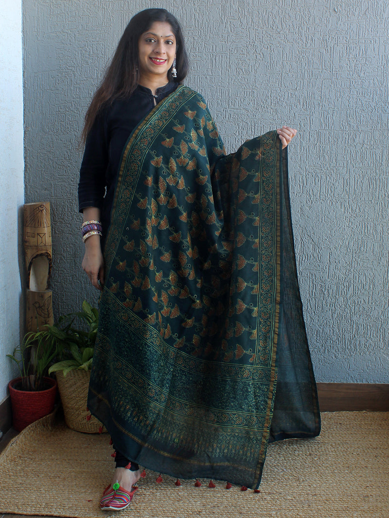 Ajrakh Hand Block Printed Chanderi Cotton Silk Dupatta