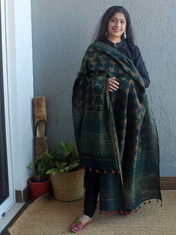 Ajrakh Hand Block Printed Chanderi Cotton Silk Dupatta