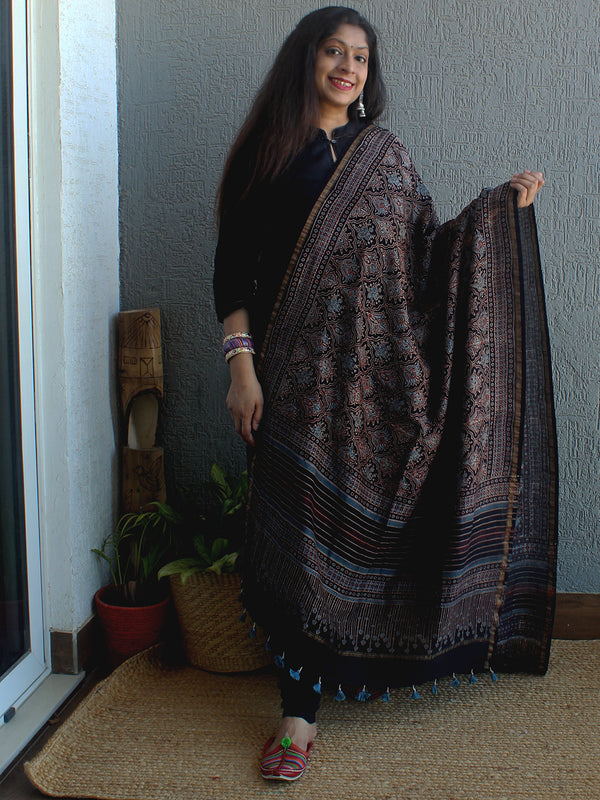 Ajrakh Hand Block Printed Chanderi Cotton Silk Dupatta