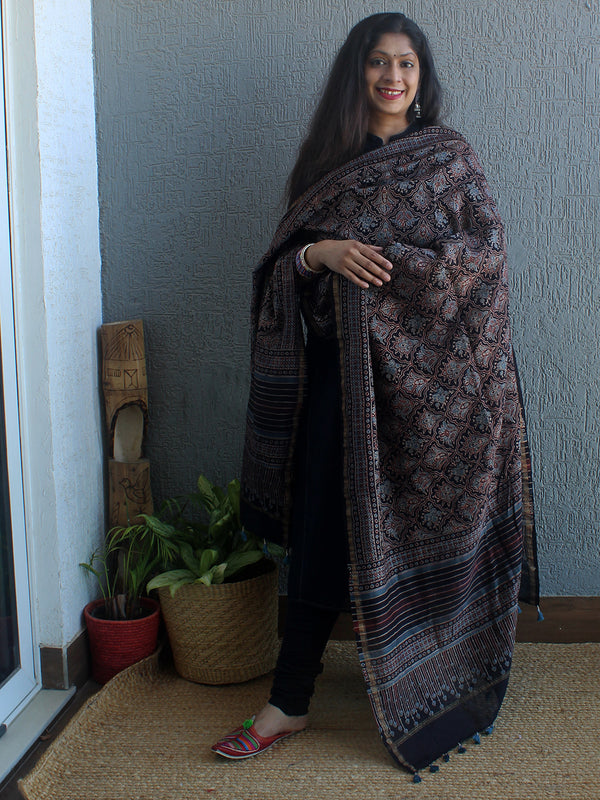 Ajrakh Hand Block Printed Chanderi Cotton Silk Dupatta