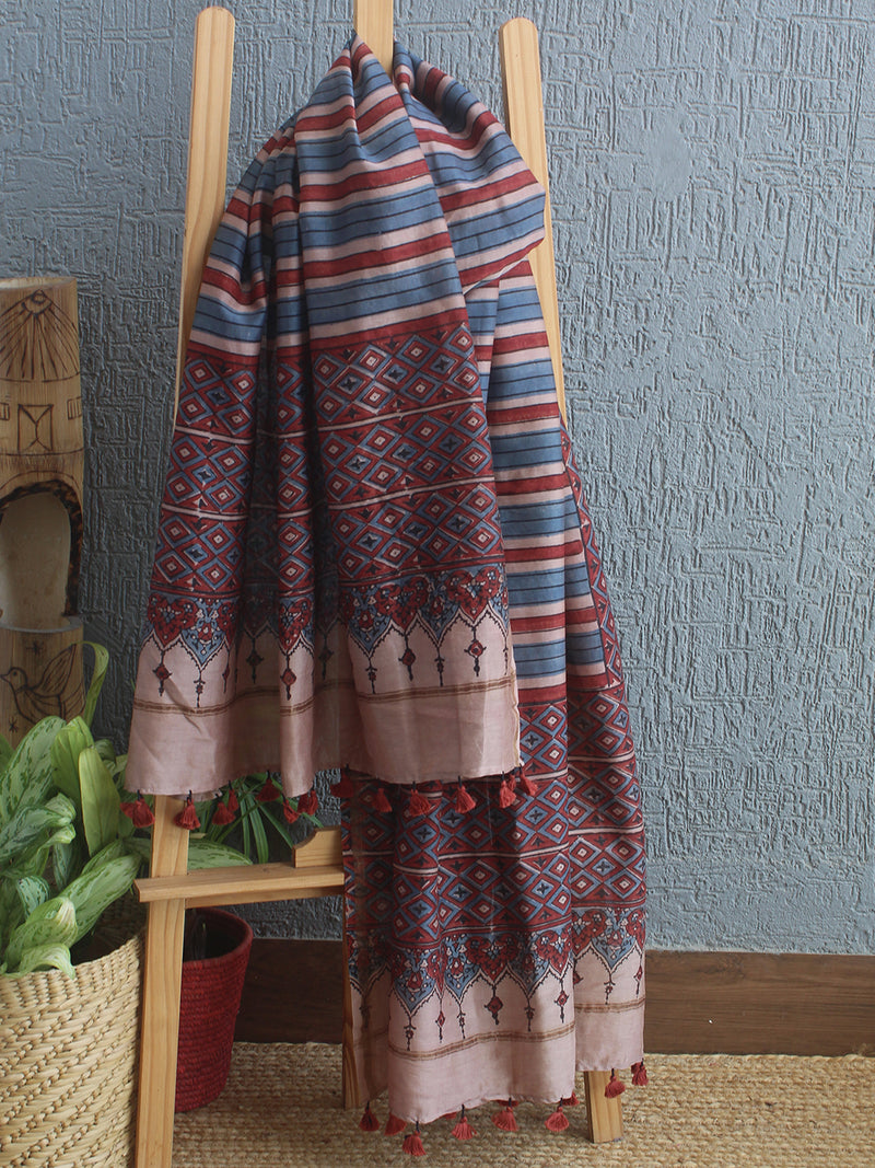 Ajrakh Hand Block Printed Chanderi Cotton Silk Dupatta