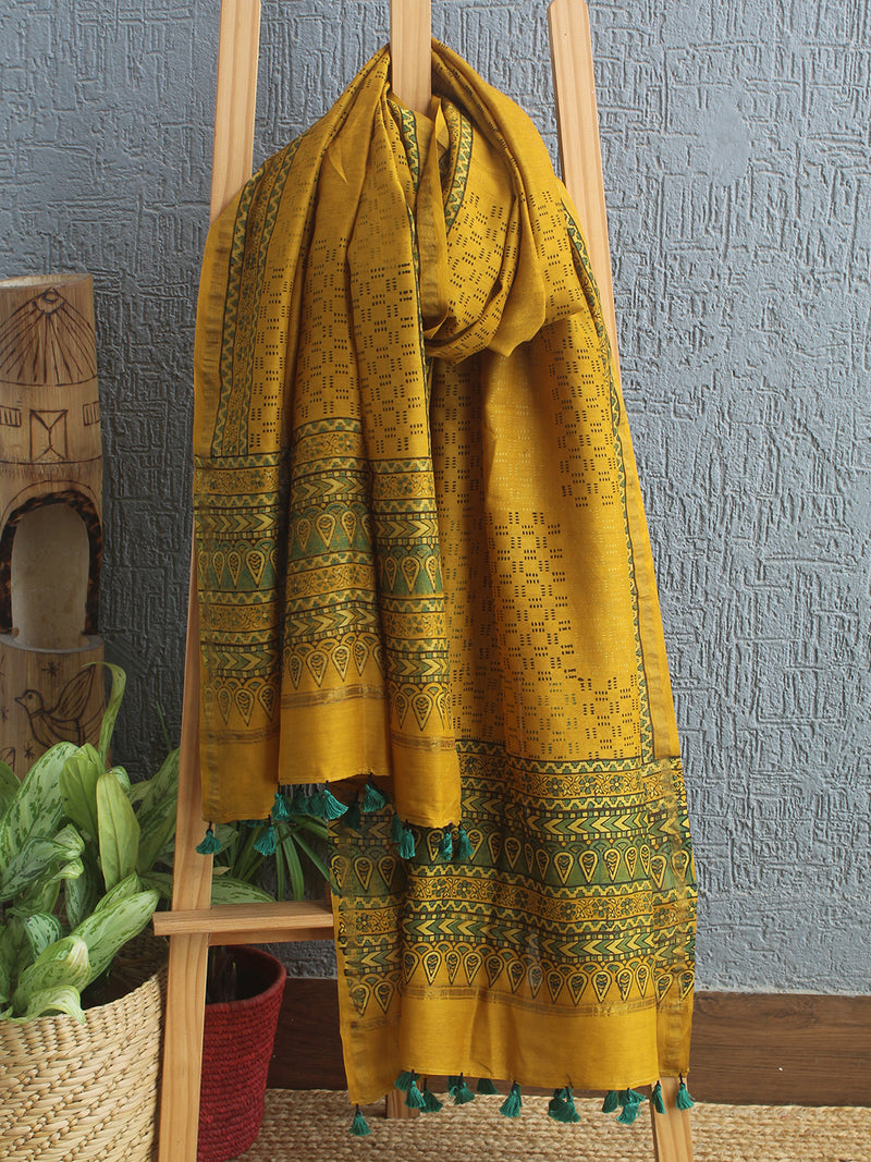 Ajrakh Hand Block Printed Chanderi Cotton Silk Dupatta