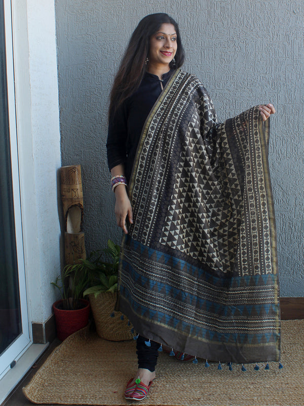 Ajrakh Hand Block Printed Chanderi Cotton Silk Dupatta