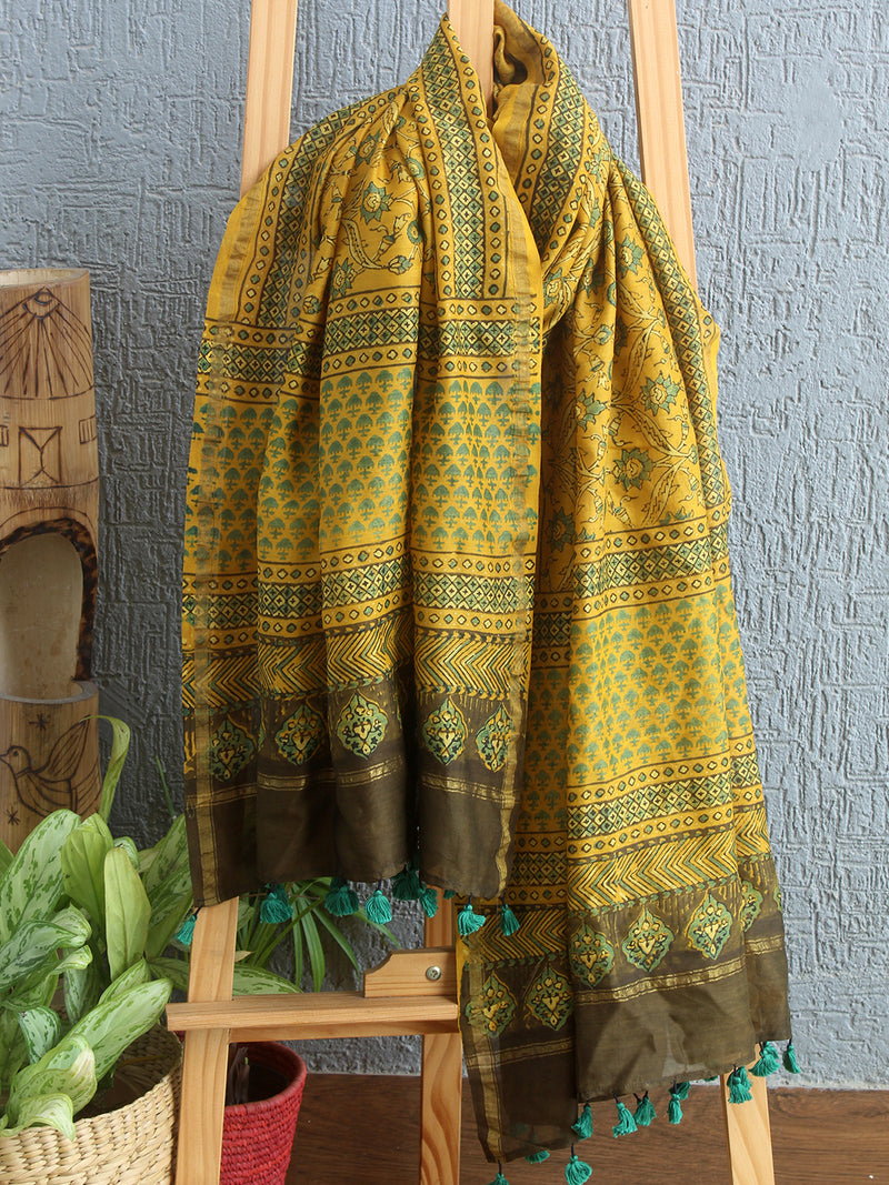 Ajrakh Hand Block Printed Chanderi Cotton Silk Dupatta