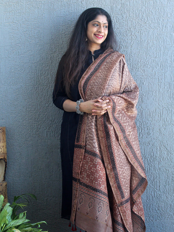 Ajrakh Hand Block Printed Chanderi Cotton Silk Dupatta