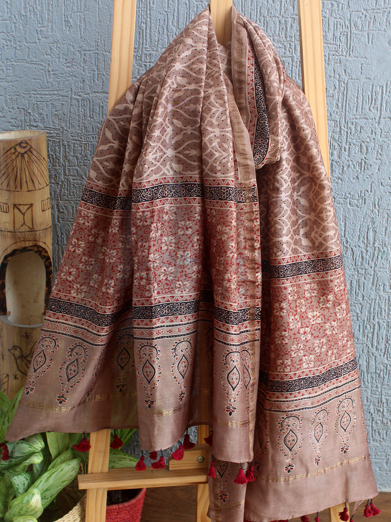 Ajrakh Hand Block Printed Chanderi Cotton Silk Dupatta