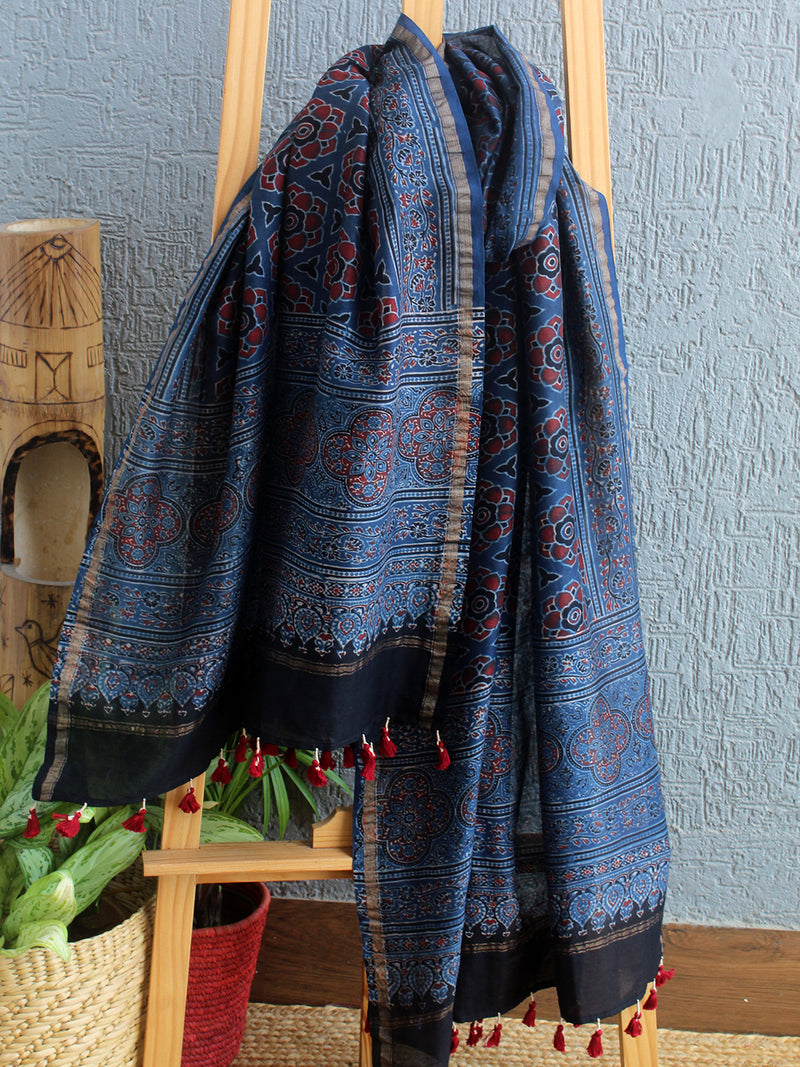 Ajrakh Hand Block Printed Chanderi Cotton Silk Dupatta