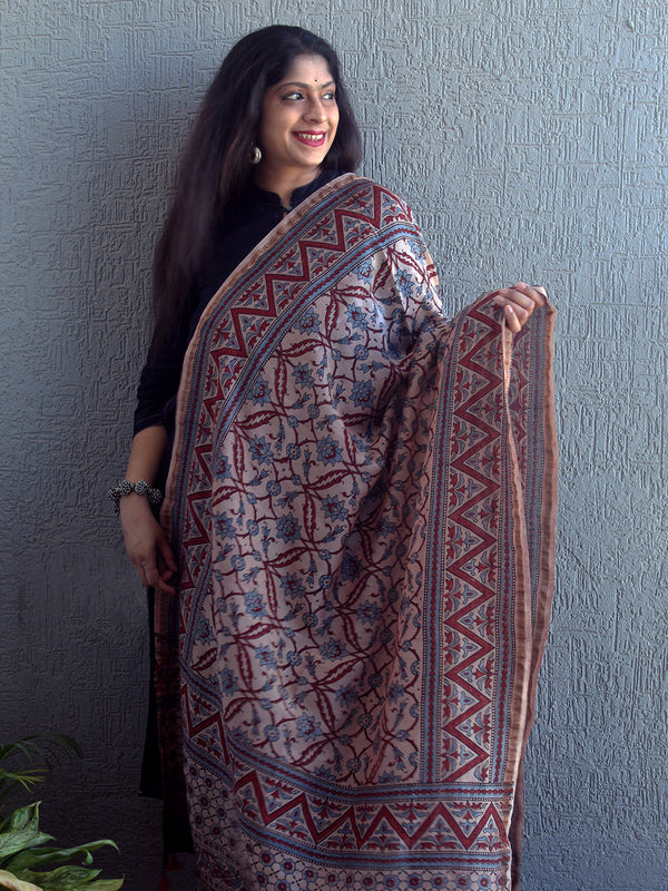 Ajrakh Hand Block Printed Chanderi Cotton Silk Dupatta