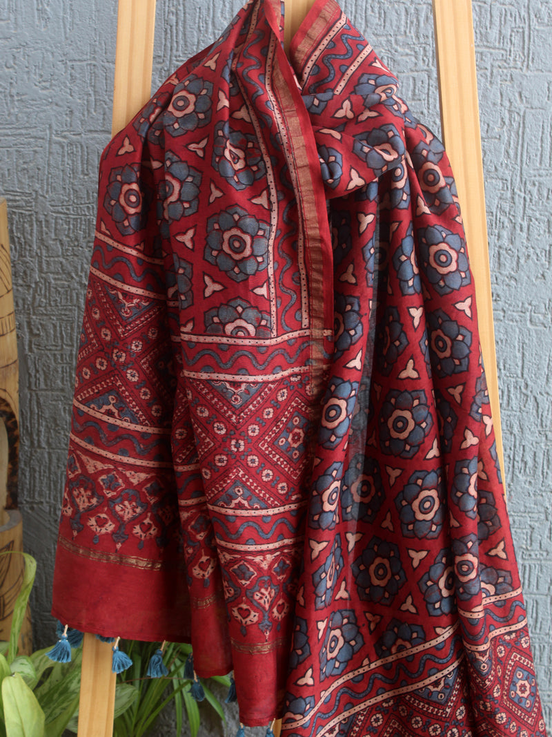 Ajrakh Hand Block Printed Chanderi Cotton Silk Dupatta