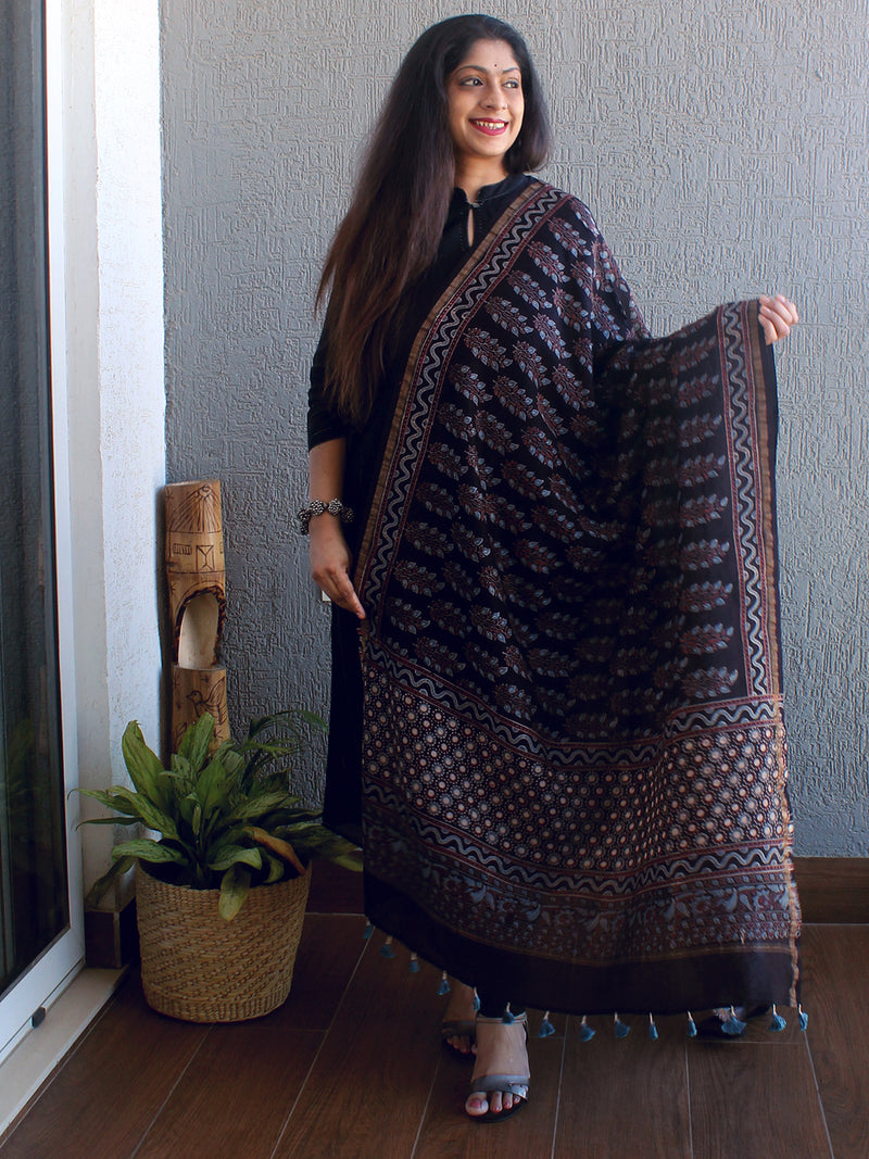 Ajrakh Hand Block Printed Chanderi Cotton Silk Dupatta