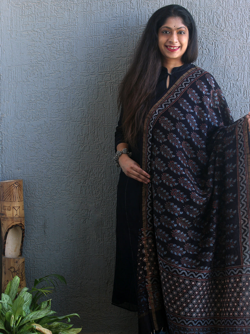 Ajrakh Hand Block Printed Chanderi Cotton Silk Dupatta