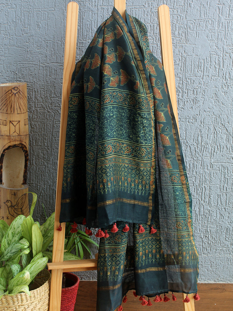 Ajrakh Hand Block Printed Chanderi Cotton Silk Dupatta