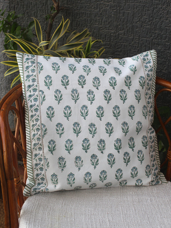 White Bagru Hand Block Printed Canvas Cotton Cushion Cover (16 inches x 16 inches)