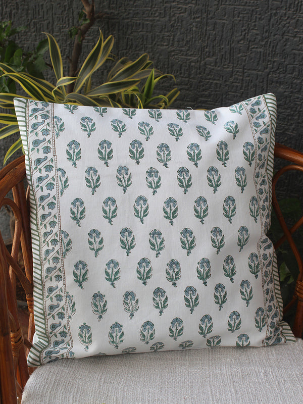 White Bagru Hand Block Printed Canvas Cotton Cushion Cover (16 inches x 16 inches)