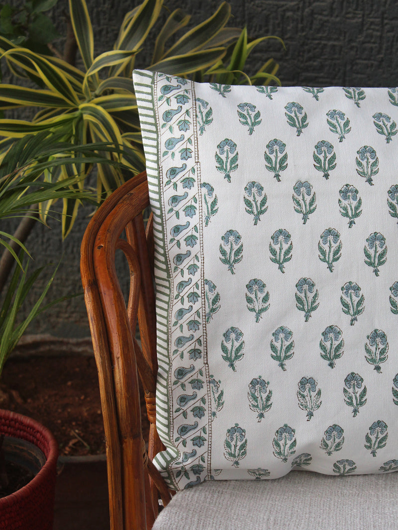 White Bagru Hand Block Printed Canvas Cotton Cushion Cover (16 inches x 16 inches)