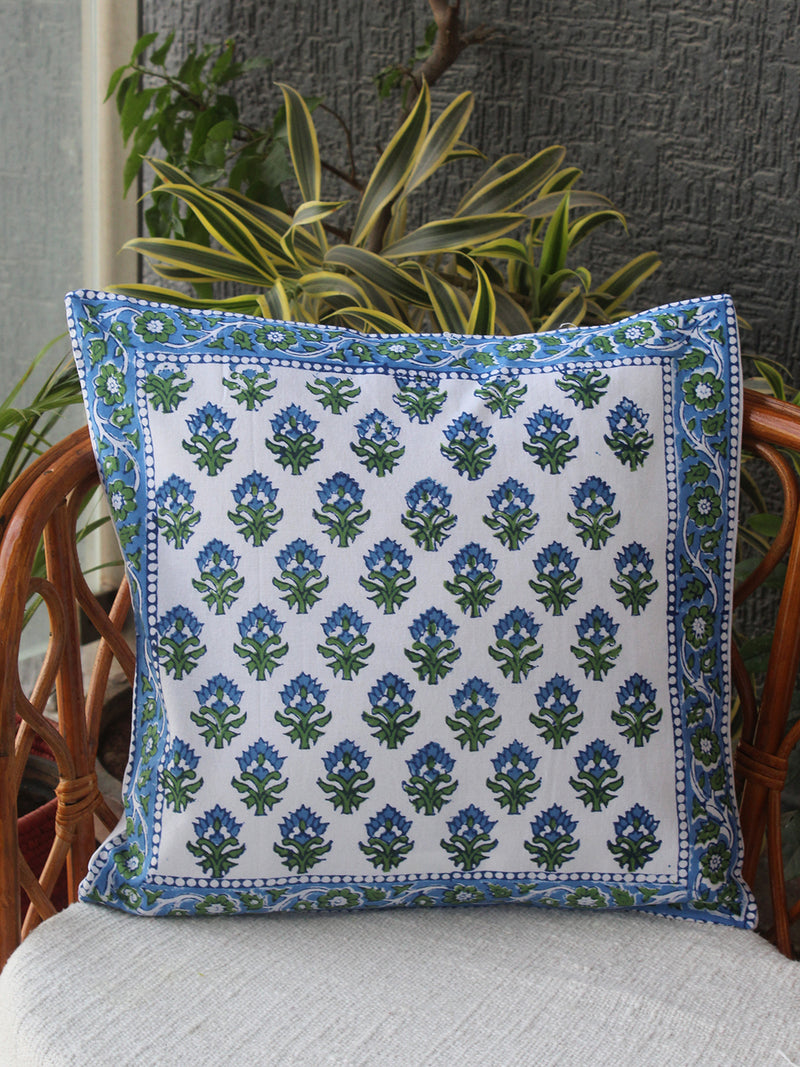 White Bagru Hand Block Printed Cotton Cushion Cover (16 inches x 16 inches)