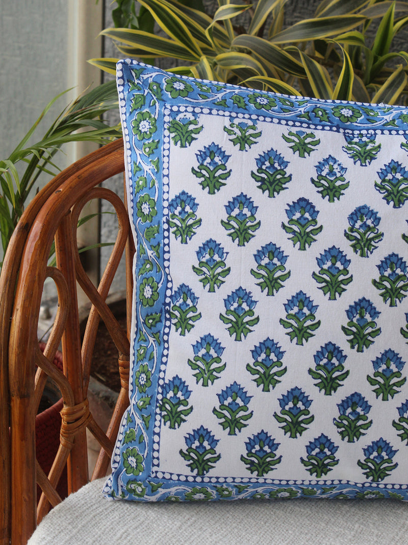 White Bagru Hand Block Printed Cotton Cushion Cover (16 inches x 16 inches)