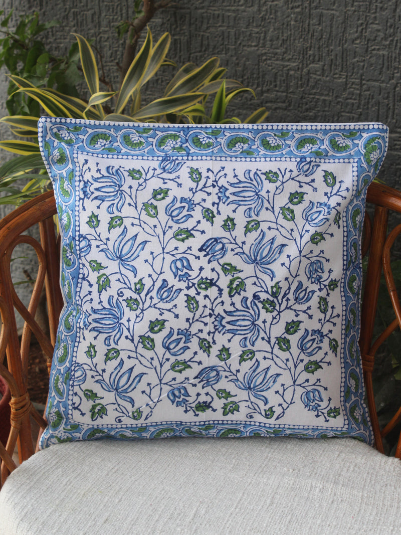 White Bagru Hand Block Printed Cotton Cushion Cover (16 inches x 16 inches)