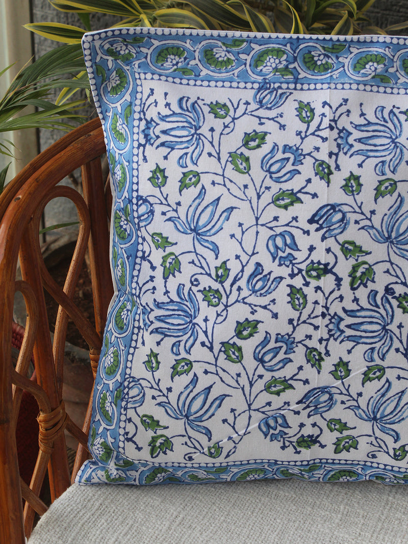 White Bagru Hand Block Printed Cotton Cushion Cover (16 inches x 16 inches)