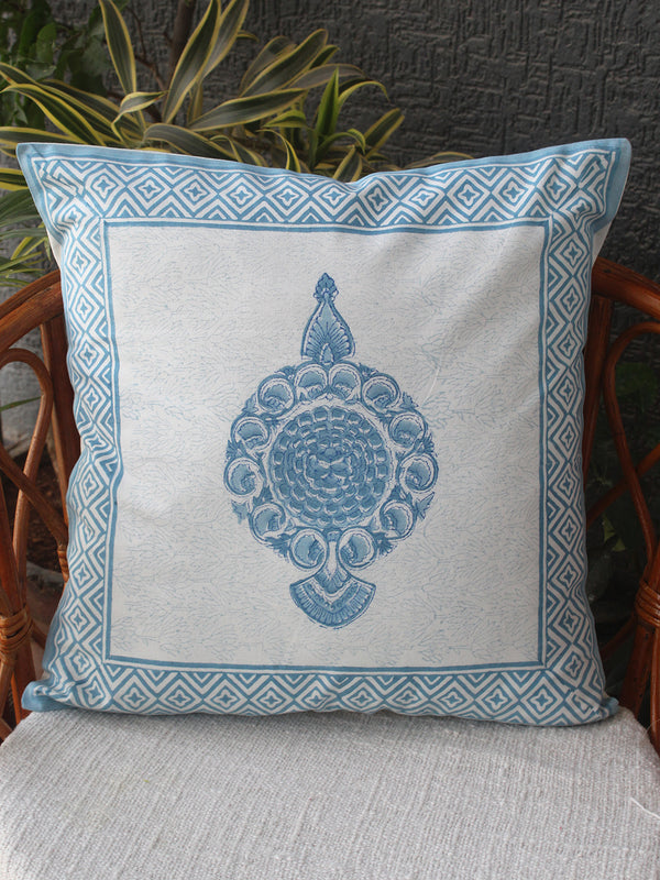 White Bagru Hand Block Printed Cotton Cushion Cover (16 inches x 16 inches)