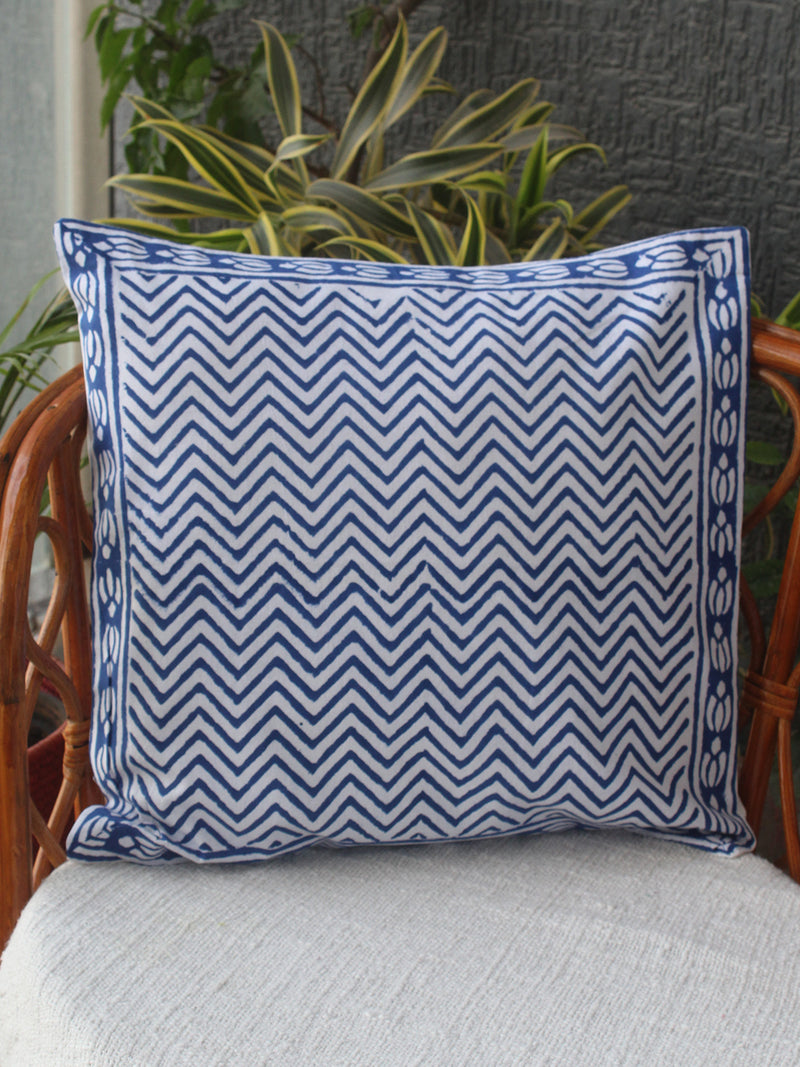 White Bagru Hand Block Printed Cotton Cushion Cover (16 inches x 16 inches)