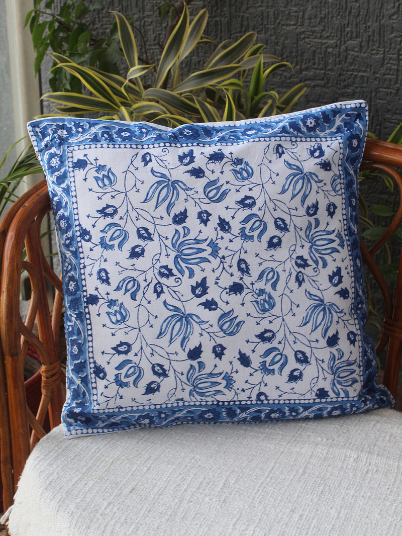 White Bagru Hand Block Printed Cotton Cushion Cover (16 inches x 16 inches)